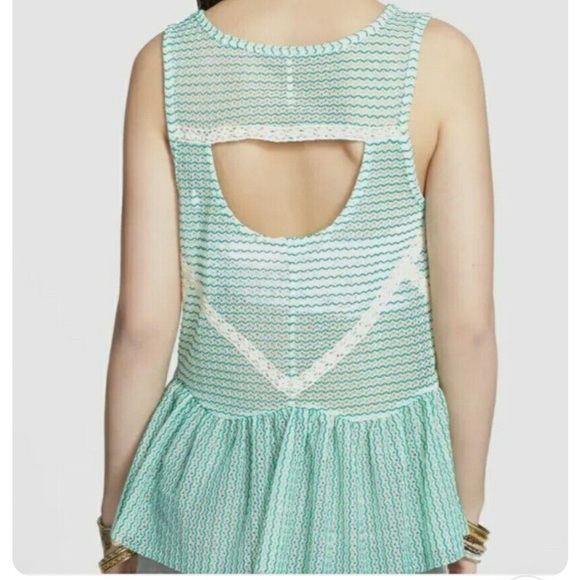 Free People Green Sheer Crochet Tank, with Ivory Lace Stripe, Peplum, Size XS - Picture 2 of 7